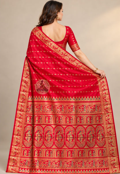 Side view of Swarnachari pure silk saree displaying natural fluid drape and golden zari luminescence shifting across morning daylight afternoon shade and evening candlelight