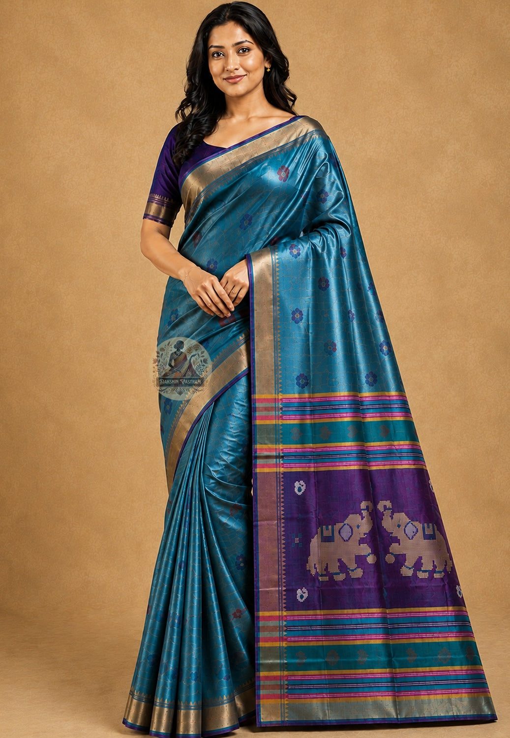 Front view of Bishnupur Katan Silk Saree with handwoven arc lattice border and champak flower buti motifs West Bengal