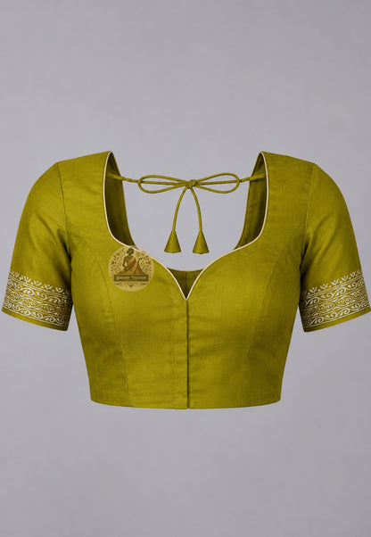 Front view of unstitched pure Katan silk blouse piece from Bishnupur Saree set, featuring traditional woven border and rich silk texture in matching tone