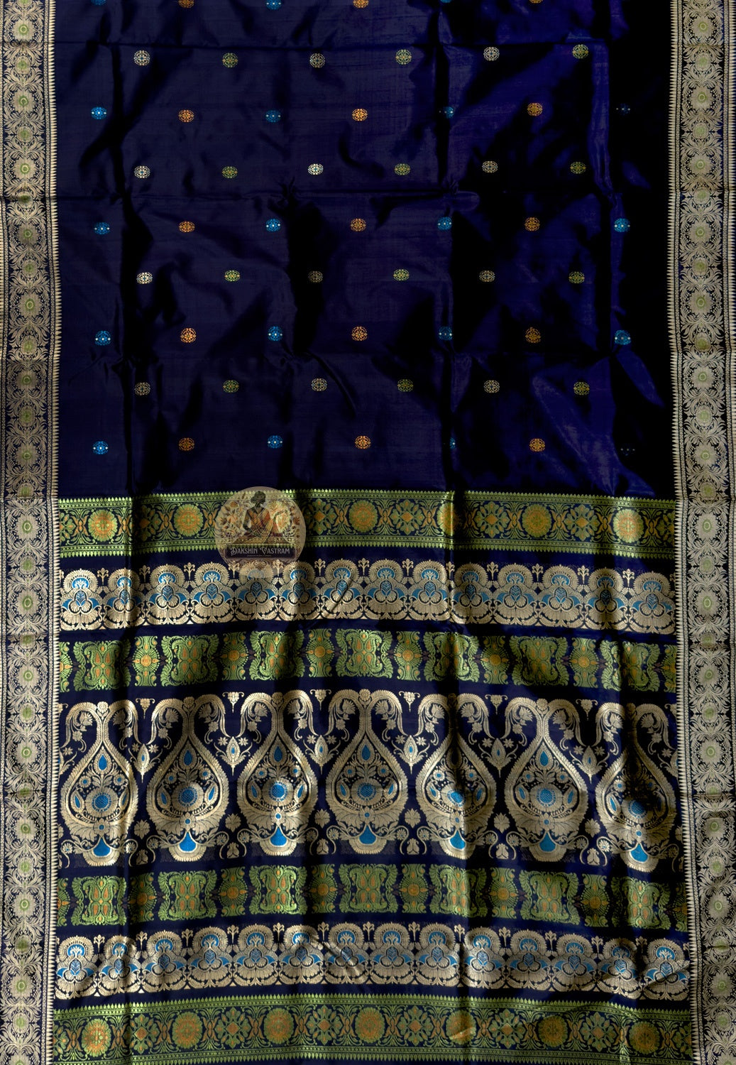 Side view of Baluchari Silk Saree showing pure silk drape and handloom woven royal elephant procession border