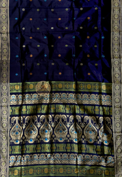 Side view of Baluchari Silk Saree showing pure silk drape and handloom woven royal elephant procession border