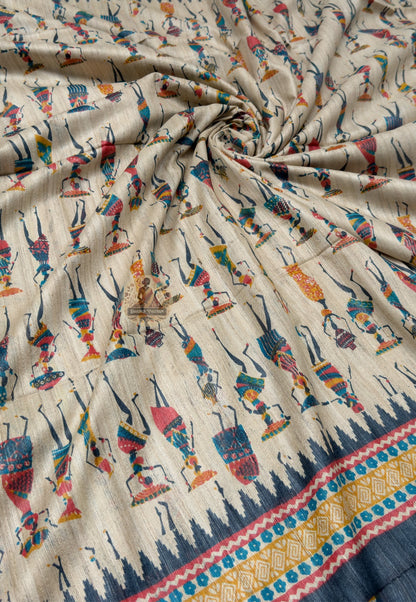 Close up of small stylised figures repeated across the beige Ghicha Tussar silk saree body