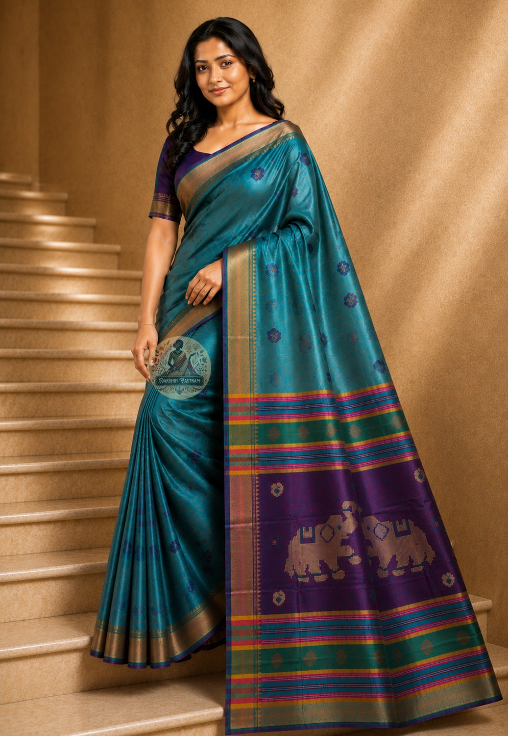 Front view of woman wearing Bishnupur Katan Silk Saree with silk blouse Durga Puja Dashami sindoor exchange Kolkata 2026