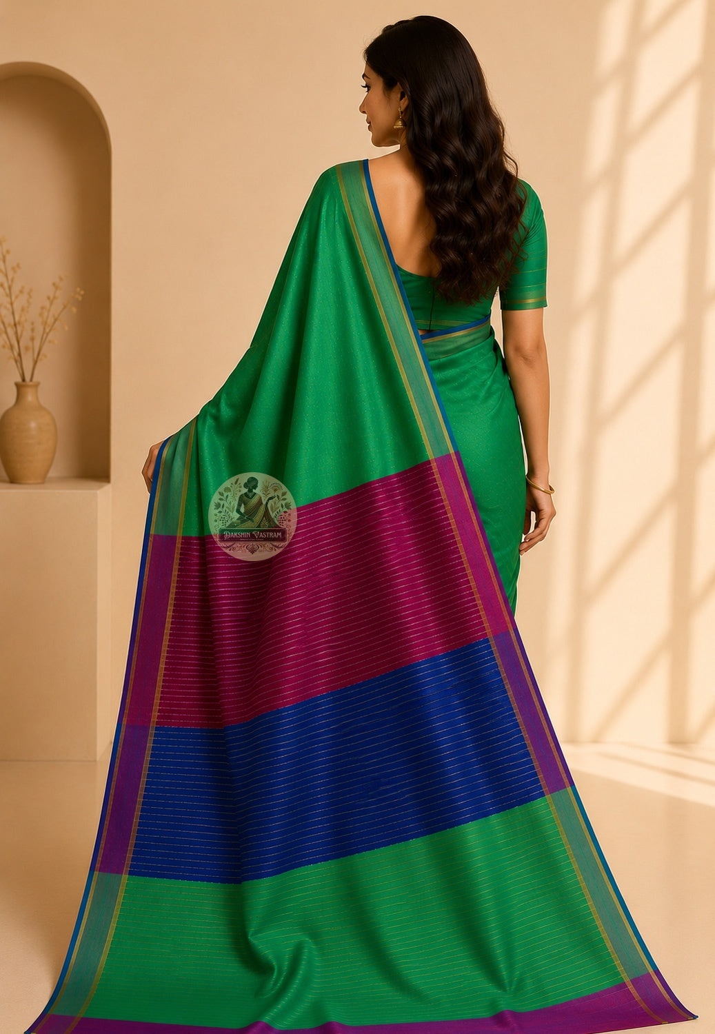 Side view of Bishnupur pure cotton saree draped in classic Bengali style, blouse piece included, Indian festive wear