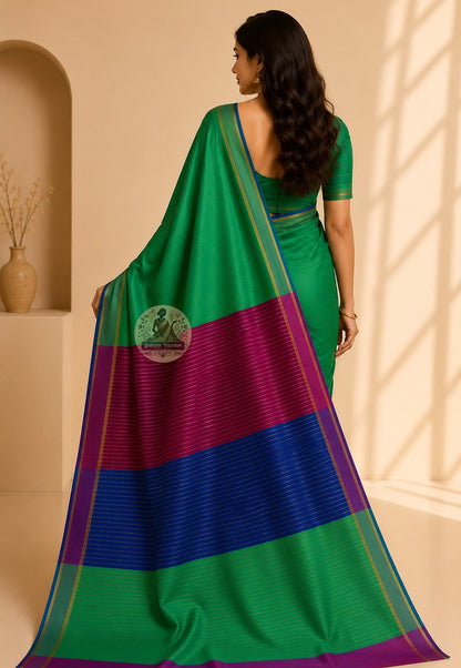 Side view of Bishnupur pure cotton saree draped in classic Bengali style, blouse piece included, Indian festive wear