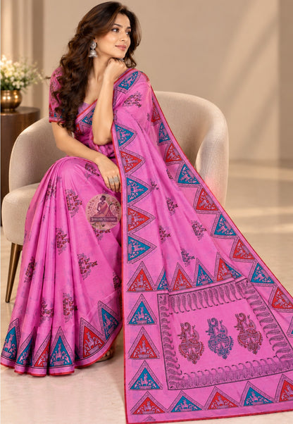 Side view of Bishnupur royal blue Swarnachari handloom silk saree displaying bold drape and gold zari glow against deep blue silk