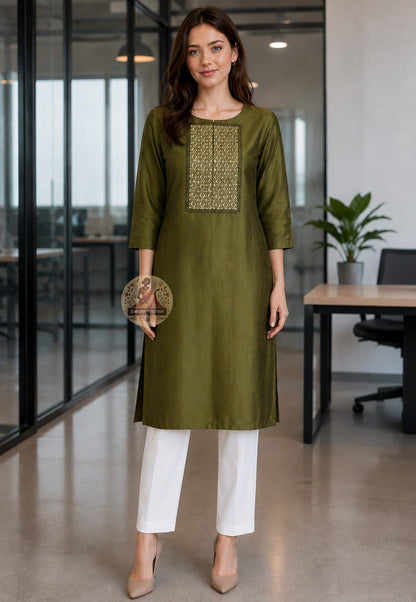 Front view of Baluchari Silk Kurti Piece with traditional hand block print motifs Bishnupur West Bengal