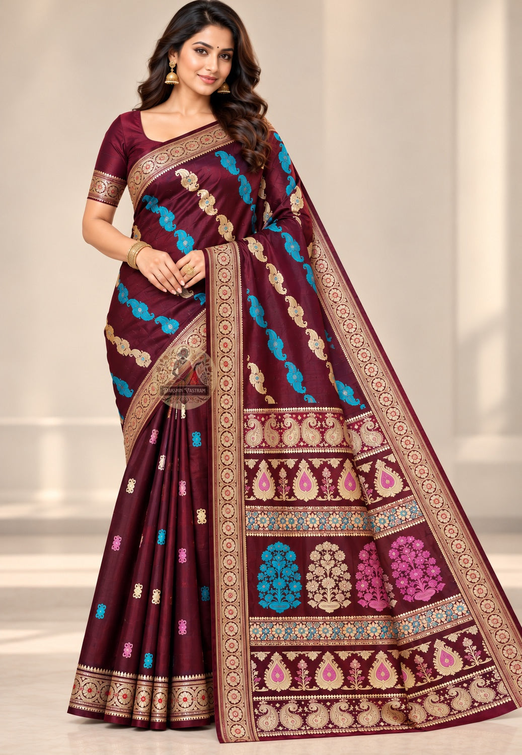 Front view of wine Baluchari silk saree with turquoise and pale paisley motifs and ornamental borders