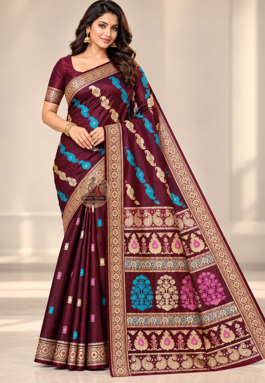 Front view of wine Baluchari silk saree with turquoise and pale paisley motifs and ornamental borders