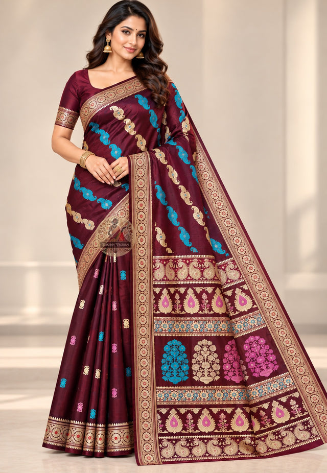 Front view of wine Baluchari silk saree with turquoise and pale paisley motifs and ornamental borders