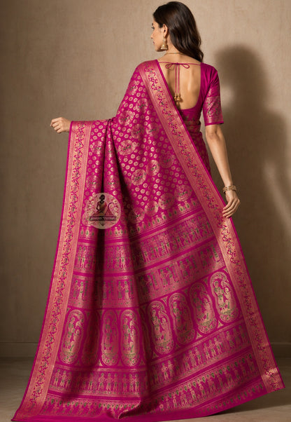 Front view of woman wearing Swarnachari Silk Saree with dupion blouse wedding anniversary milestone gifting occasion Kolkata