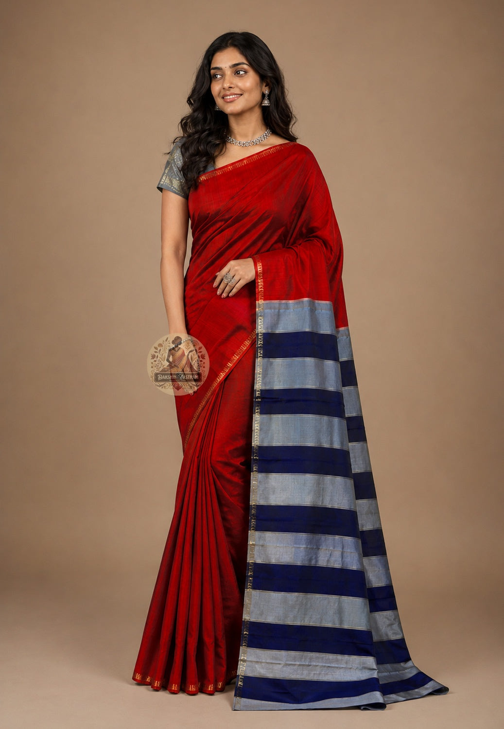 Front view of Bishnupur Katan Silk Saree with handwoven honeycomb grid and jasmine buti motifs, West Bengal