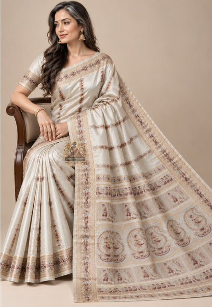 Side view of white Swarnachari pure silk saree displaying natural fluid drape and golden zari precision on pure white silk ground for Bengali weddings Saraswati Puja and Diwali