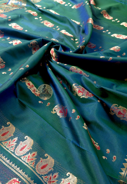 Side view of Swarnachari pure silk golden zari saree displaying natural drape and golden luminescence for Indian wedding receptions and Diwali formal occasions