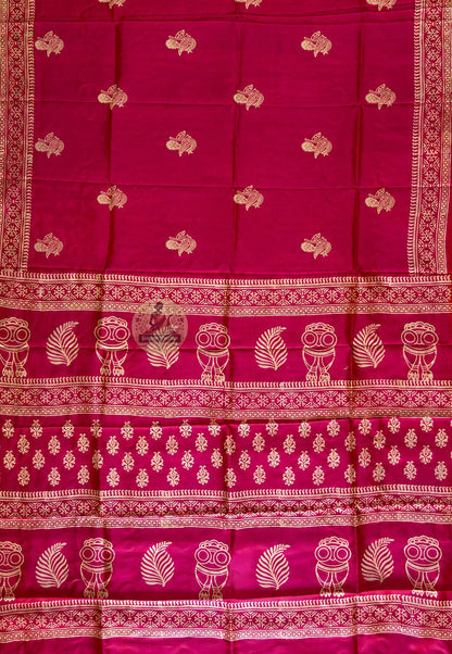 Detailed close-up of hand-stamped block print border on Bishnupur Silk Saree showing the natural variation and depth of carved wooden block patterns pressed by hand onto pure Bishnupur silk