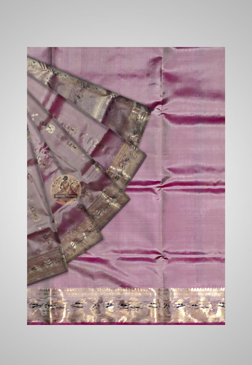 Saree view: Full-length view of Handloom Swarnachari Silk Saree, displaying the graceful fall and exquisite craftsmanship.