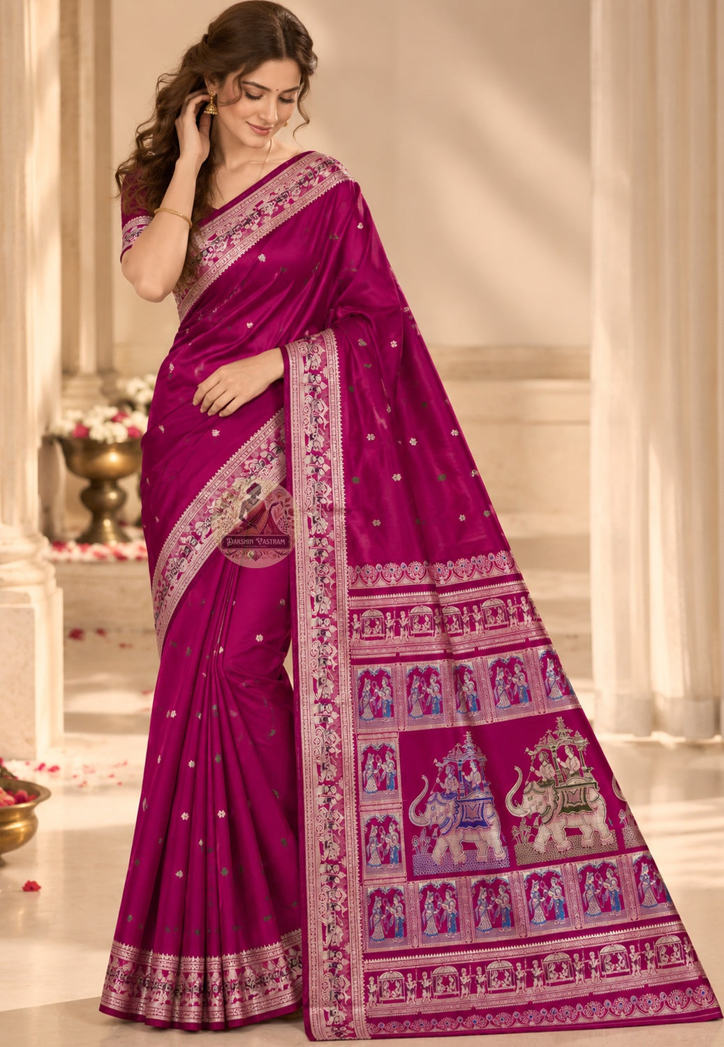 Front view of Baluchari pure silk saree with Ramayana and Mahabharata narrative motifs in coloured silk thread handloom woven in Bishnupur West Bengal carrying four centuries of tradition forward