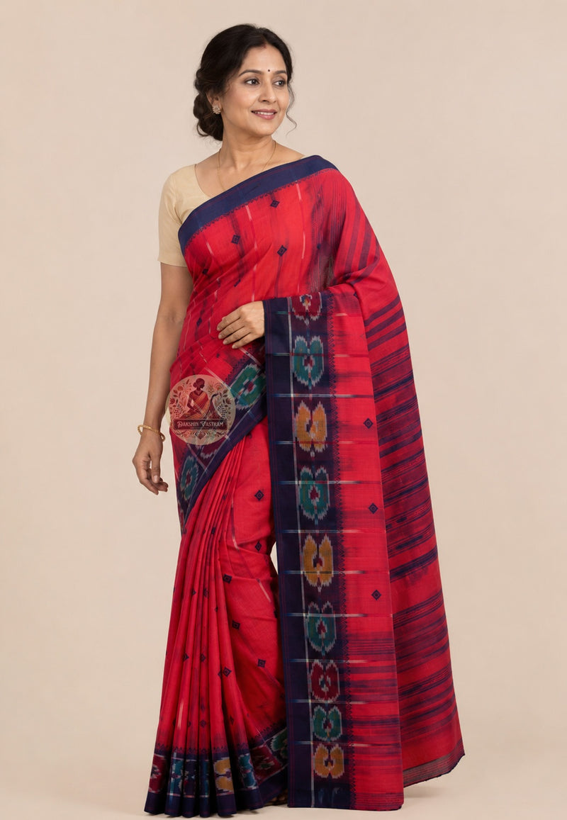 Front view of pure cotton handloom saree without blouse piece, rooted in Indian textile tradition and perfect for Durga Puja, Bihu and festive occasions