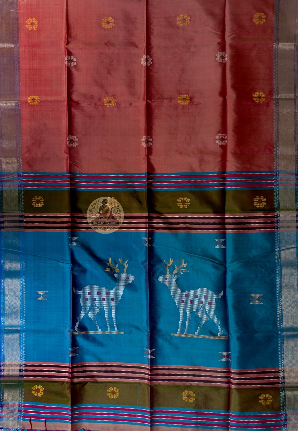 Close-up of master-woven peacock tail fan with superior zari lotus creeper detail on Bishnupur Katan Silk Saree