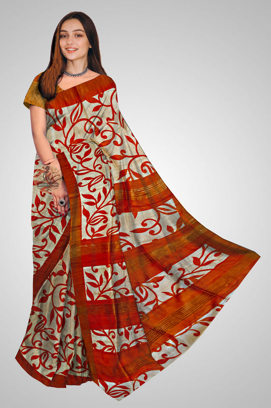 Explore Tussar Silk Saree – Front view of handwoven raw silk
