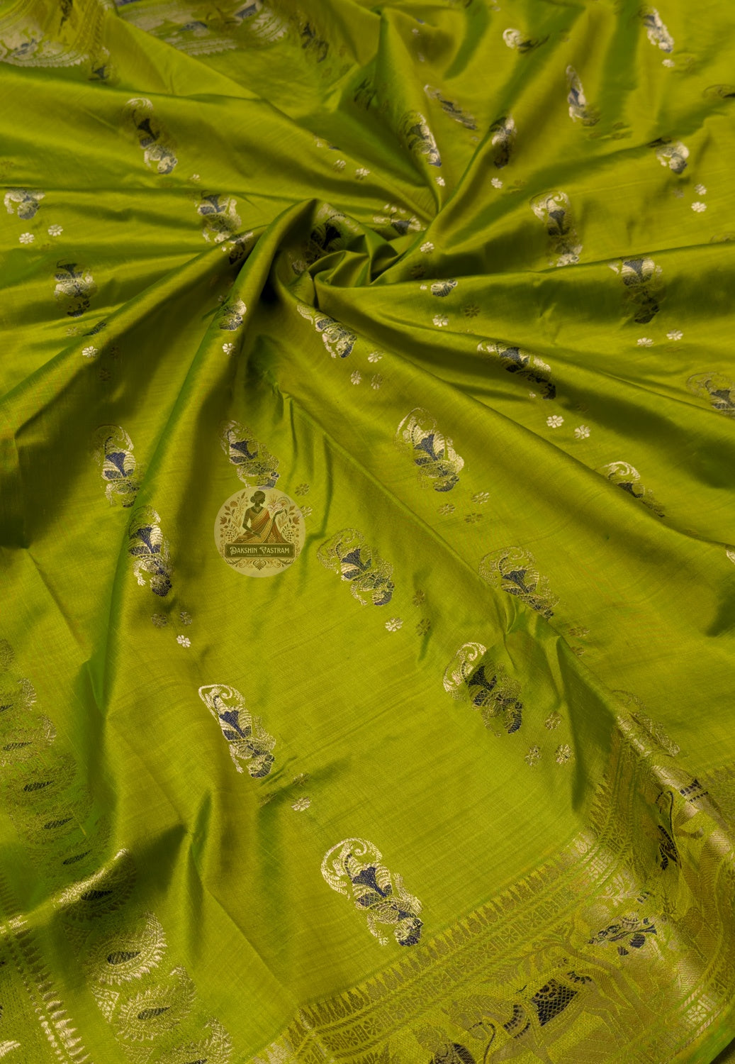 Full flat-lay of Swarnachari Pure Katan Silk Saree with matching blouse piece golden zari Saraswati Saptami Bengal handloom