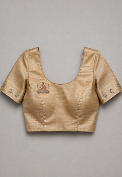 Matching unstitched blouse piece of premium Swarnachari silk saree in pure handloom silk with devotion-grade golden zari border, included with saree for tailoring