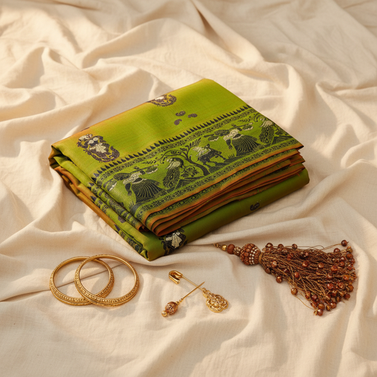 Buy Baluchari Silk Saree online – Handwoven front view of mulberry silk