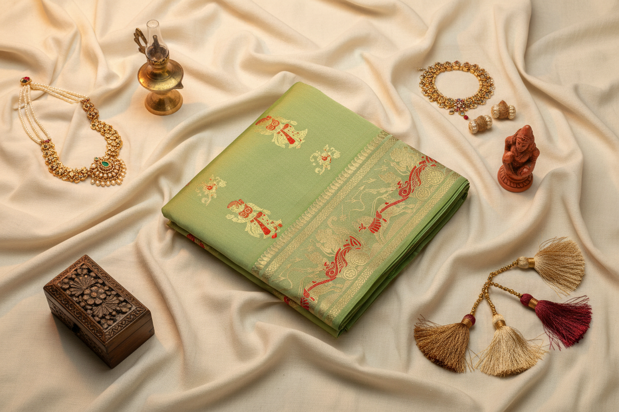 Buy Swarnachari Pure Silk Saree online – Front view showcasing golden zari motifs