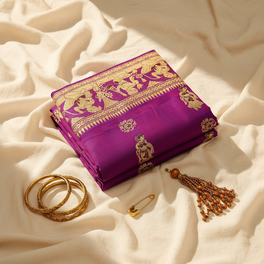 Buy Baluchari Silk Saree online – Handwoven front view of pure mulberry silk