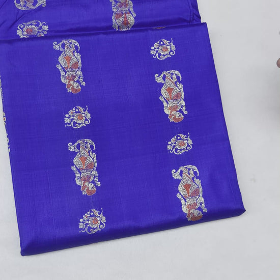 Full saree view highlighting royal blue pleats, decorative borders and the figurative paisley pallu⠋