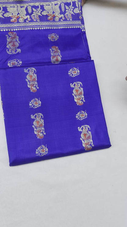 Full saree view highlighting royal blue pleats, decorative borders and the figurative paisley pallu⠋