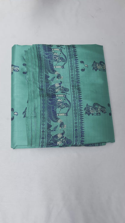 Full saree view highlighting the green pleats, contrasting borders and figurative pallu