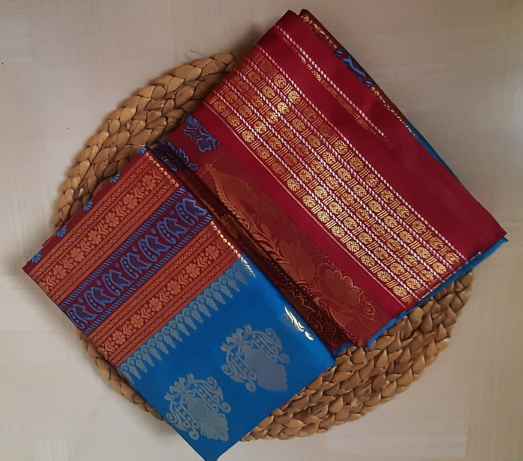 Back view of Soft Semi Silk Saree highlighting its soft drape and detailed fabric work.
