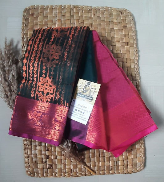 Saree Side View: Side view of Soft Art Silk Saree highlighting its graceful flow and soft fabric.